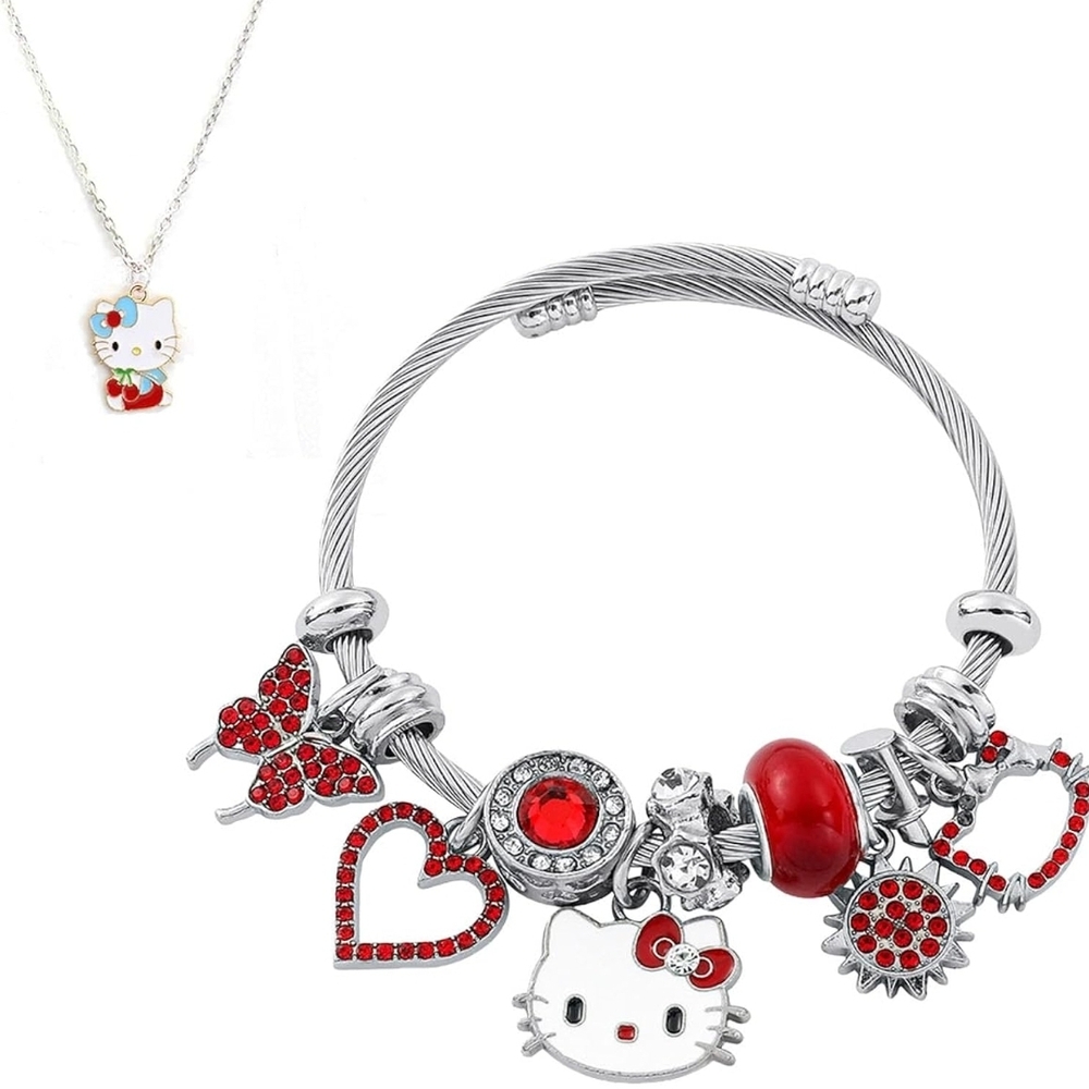 Hello Kitty Red and Silver Charm Bracelet and Necklace Set
